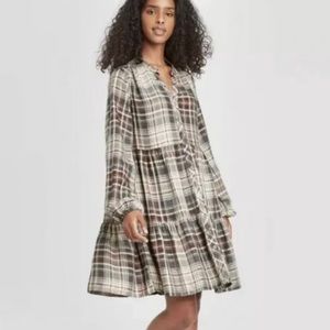Knox rose tiered dress tan plaid fall button up long sleeve